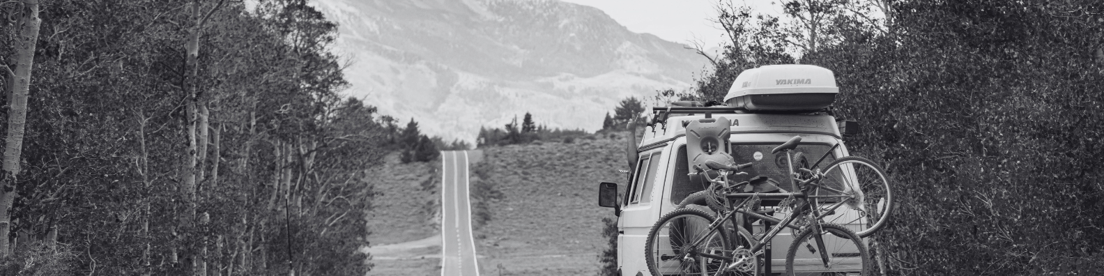 Image of a camper van driving along a forest lined highway, mountains in the distance. the driver has his hand out giving the peace sign.