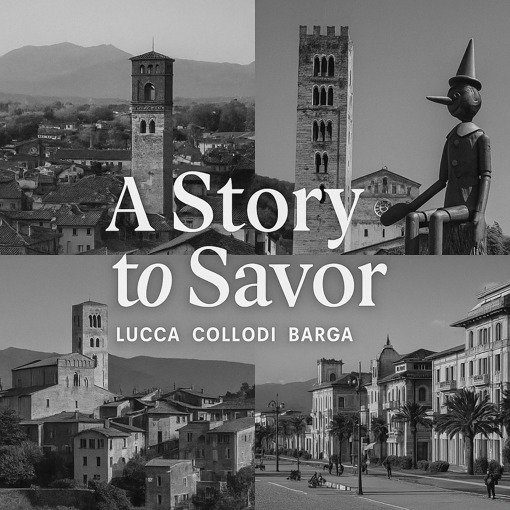 Black and white illustration of a Tuscan landscape with rolling hills, a winding road lined with cypress trees, and a hilltop village in the distance. In the foreground, a silhouette of Pinocchio sits on a checkered picnic blanket beside an open book, evoking a sense of storytelling and travel.